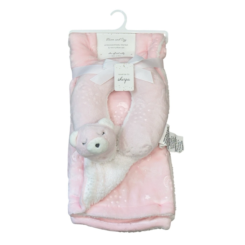SL Home Fashions‎ Embossed Pink Moon Star Baby Blanket & Neck Pillow Set Sherpa